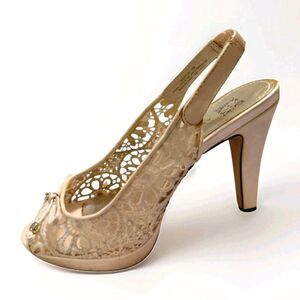 Anne Klein Edythe Lace Kitten Heels Peep Toe Slingbacks Women's Size 6 Bow Lacey